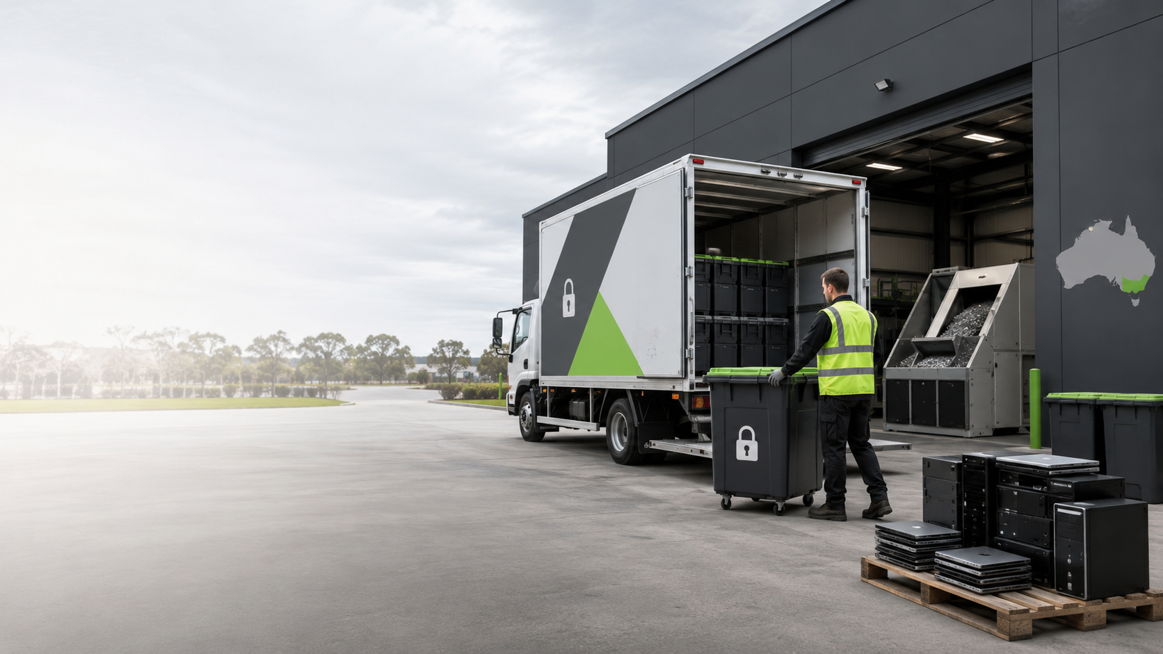 Secure data destruction truck, worker and protected device bins at a business site