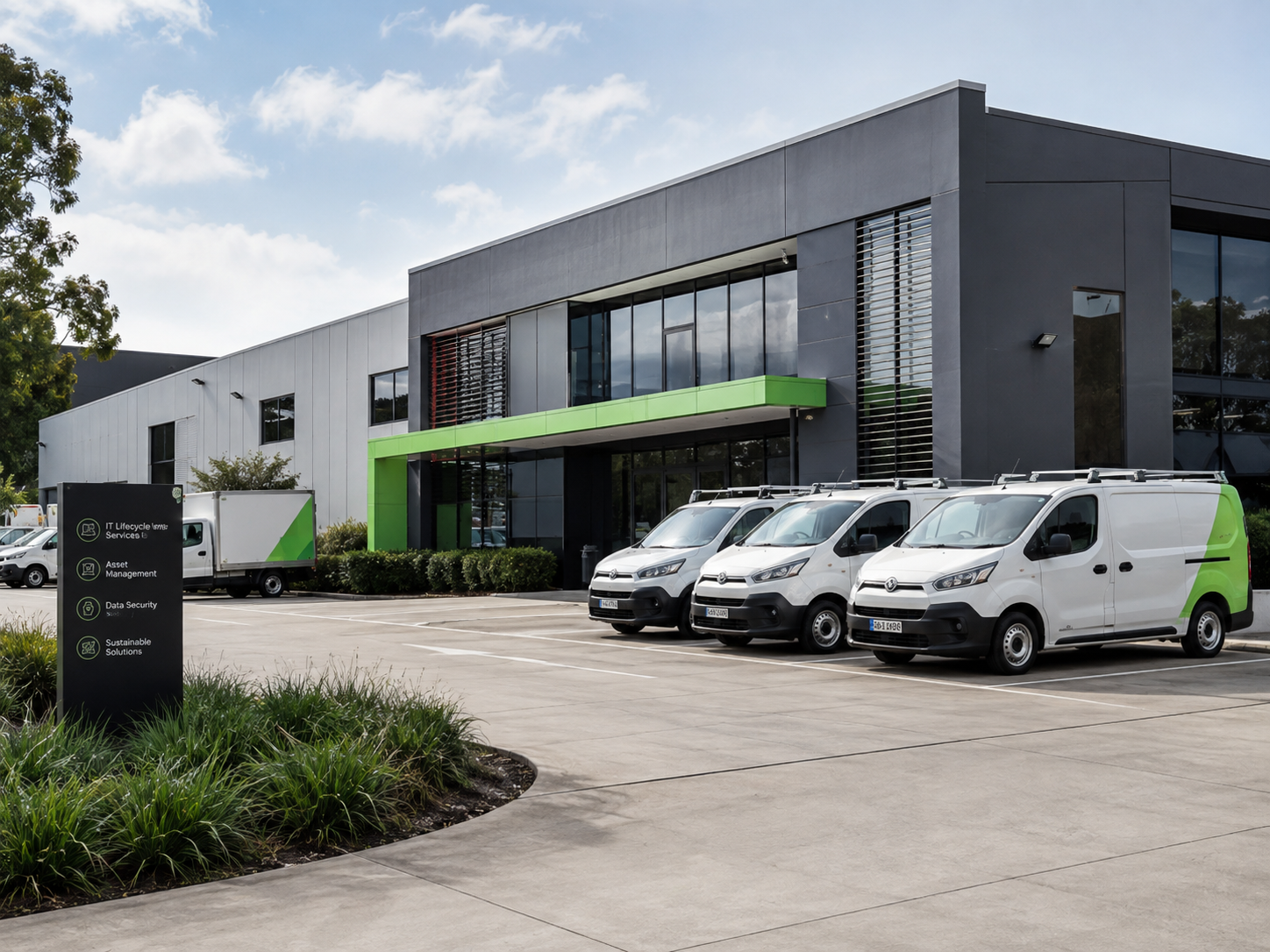 Modern IT Factory operations facility with service vans and fleet vehicles
